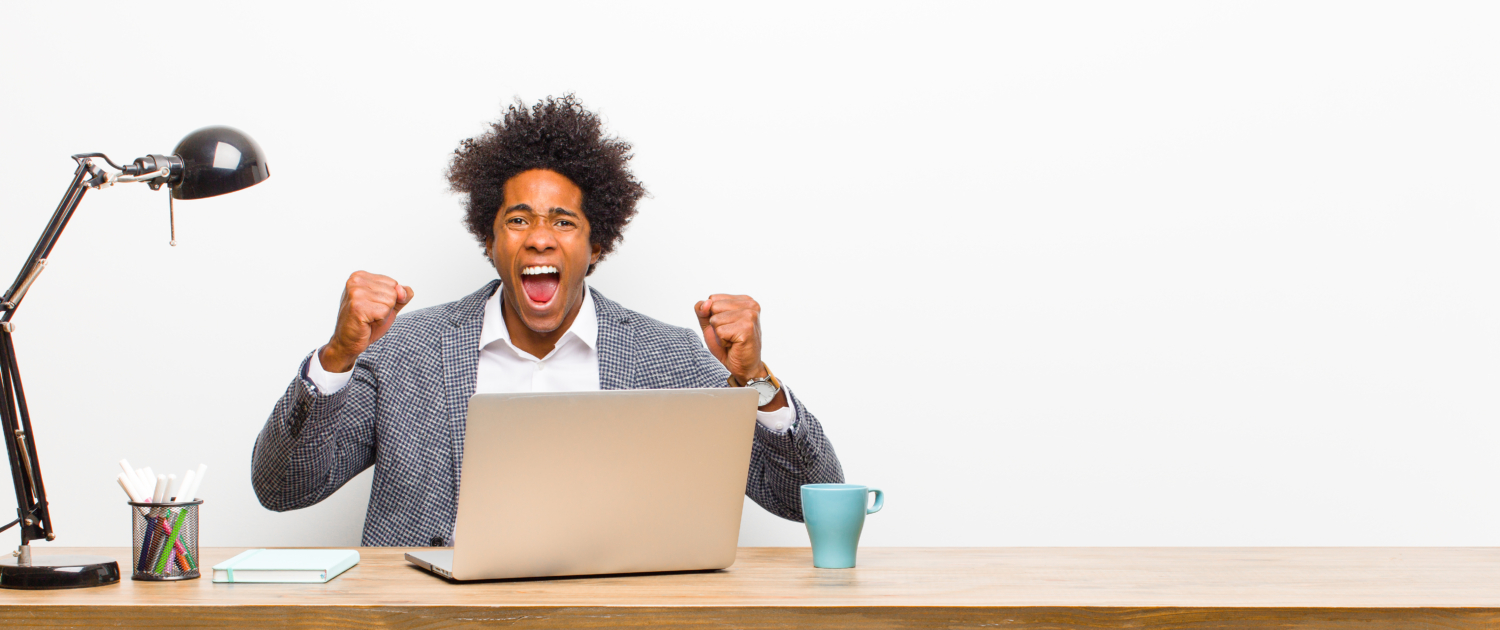 feeling happy, surprised and proud, shouting and celebrating success with a big smile